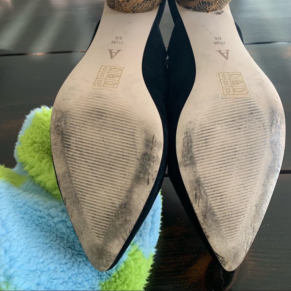 Anthropologie black suede mules snake print heel 7.5 excellent used condition - Picture 5 of 6